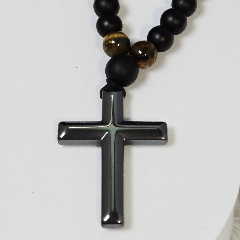 Black Tiger Eye Rosary Necklace Hematite Cross 29